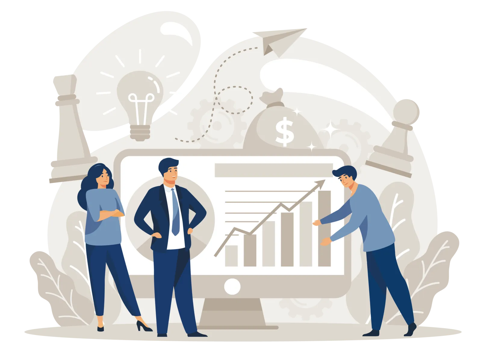 Illustration of a team reviewing forecasts and business charts